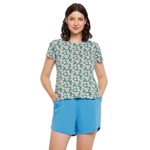 Clovia Women's Cotton Printed Top & Shorts Set in Blue