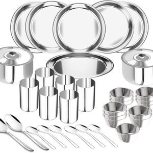 Lifelong Dinner Set of 36 Pcs | Stainless Steel | 6 Full Dinner Plates| 6 Glasses| 12 Vegetable Bowl| 6 Dinner Spoons| 2 Serving Spoon |2 Serving Bowl with Lid (LLDINSET36, Silver)
