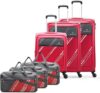 Aristocrat Polyester Trigon Soft Side 4 Spinner Wheels Hexa Luggage Set Of 6|3 Trolley Bags(Cabin 55Cm+69Cm+79Cm)&3 Duffle Bags 52Cm For Travel|5 Years International Warranty (Red) Small,Medium&Large