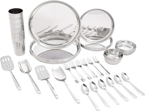 Solimo Stainless Steel Dinner Set – 44 Pieces