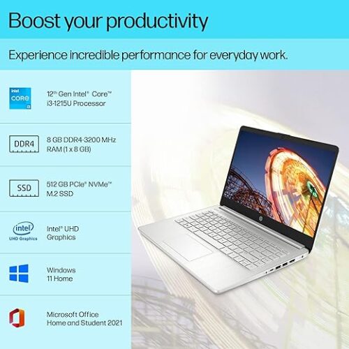 HP Laptop 14s, 12th Gen Intel Core i3-1215U, 14-inch (35.6 cm), FHD, 8GB DDR4, 512GB SSD, Intel UHD Graphics, Thin & Light, Dual Speakers (Win 11, MSO 2021, Silver, 1.46 kg), dy5008TU