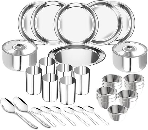 Lifelong Dinner Set of 36 Pcs | Stainless Steel | 6 Full Dinner Plates| 6 Glasses| 12 Vegetable Bowl| 6 Dinner Spoons| 2 Serving Spoon |2 Serving Bowl with Lid (LLDINSET36, Silver)