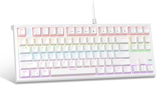 Mechanical Gaming Keyboard 87 Keys Wired Compact TKL Mechanical Keyboard Ergonomic Design Keyboard with Rainbow Led Backlit Blue Switches for Windows Mac PC, White