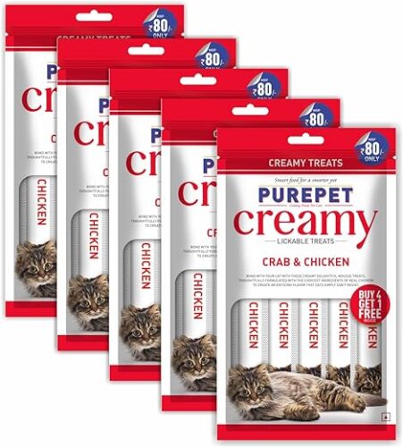 Purepet Creamy Cat lickable Treats, Crab & Chicken, Pack of 5 X 15 g, Total 375 g